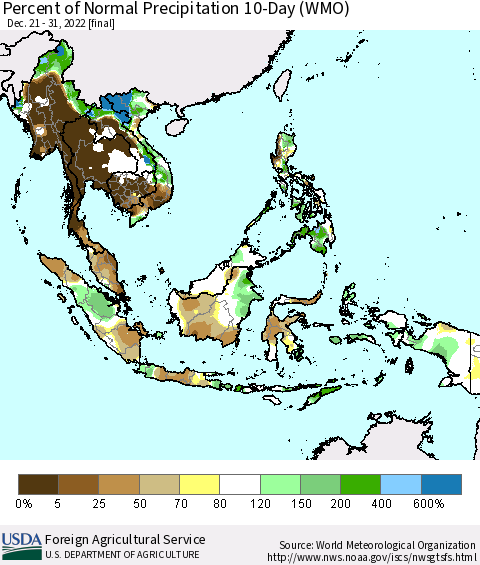 South East Asia Percent of Normal Precipitation 10-Day (WMO) Thematic Map For 12/21/2022 - 12/31/2022