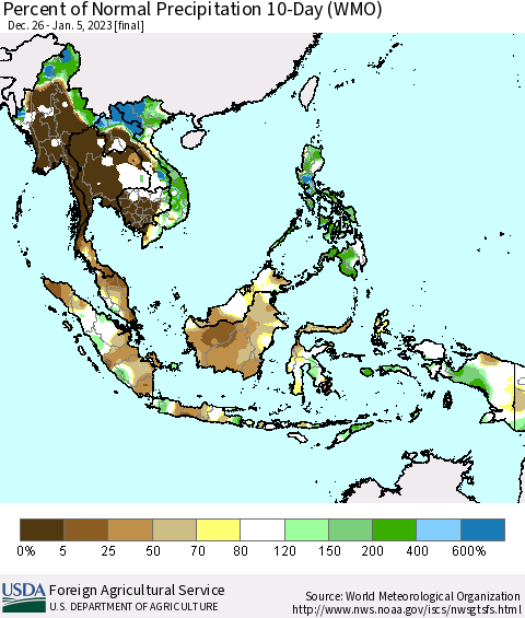 South East Asia Percent of Normal Precipitation 10-Day (WMO) Thematic Map For 12/26/2022 - 1/5/2023