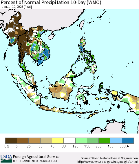 South East Asia Percent of Normal Precipitation 10-Day (WMO) Thematic Map For 1/1/2023 - 1/10/2023