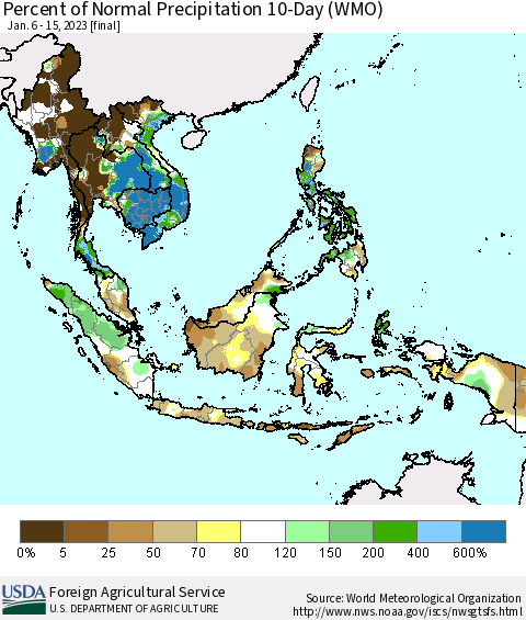South East Asia Percent of Normal Precipitation 10-Day (WMO) Thematic Map For 1/6/2023 - 1/15/2023