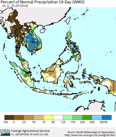 South East Asia Percent of Normal Precipitation 10-Day (WMO) Thematic Map For 1/11/2023 - 1/20/2023