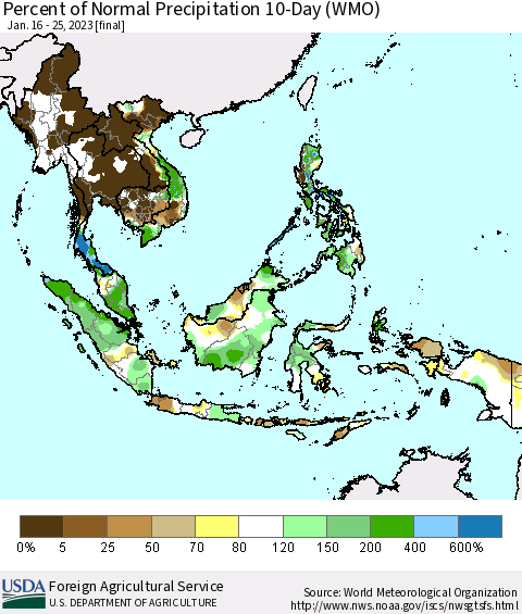 South East Asia Percent of Normal Precipitation 10-Day (WMO) Thematic Map For 1/16/2023 - 1/25/2023