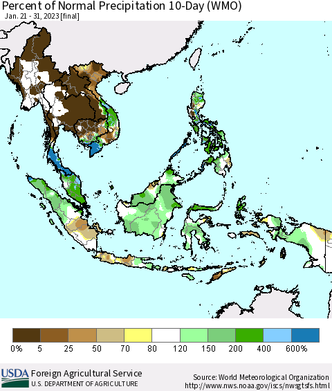 South East Asia Percent of Normal Precipitation 10-Day (WMO) Thematic Map For 1/21/2023 - 1/31/2023