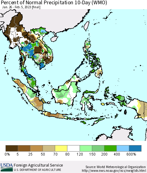 South East Asia Percent of Normal Precipitation 10-Day (WMO) Thematic Map For 1/26/2023 - 2/5/2023