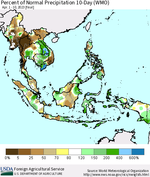 South East Asia Percent of Normal Precipitation 10-Day (WMO) Thematic Map For 4/1/2023 - 4/10/2023