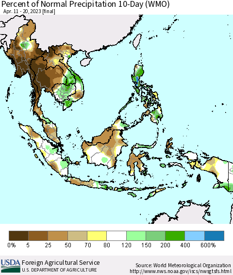South East Asia Percent of Normal Precipitation 10-Day (WMO) Thematic Map For 4/11/2023 - 4/20/2023