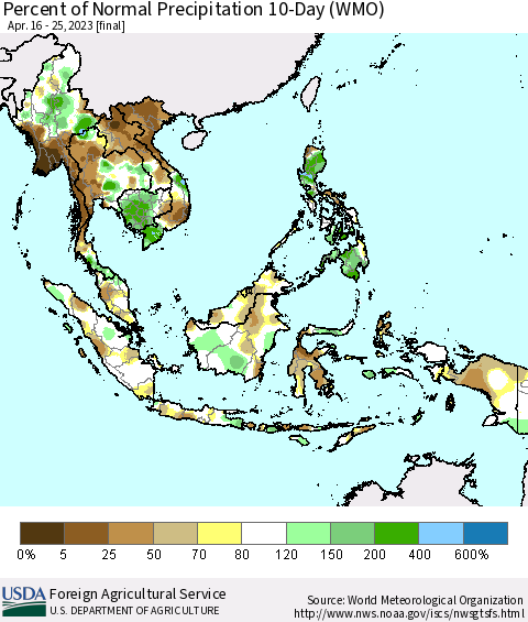 South East Asia Percent of Normal Precipitation 10-Day (WMO) Thematic Map For 4/16/2023 - 4/25/2023