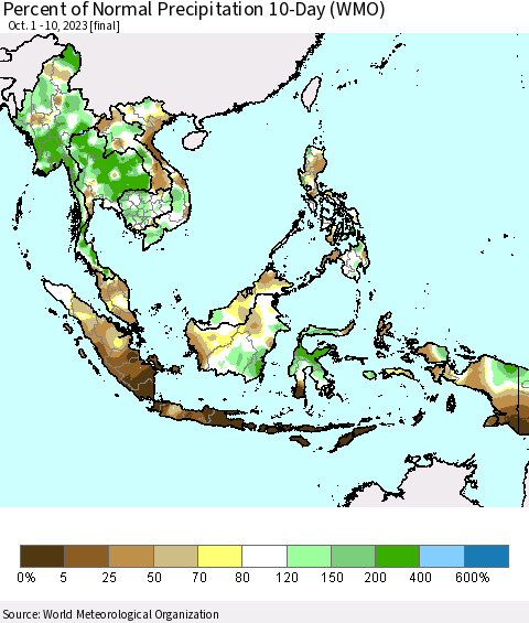 South East Asia Percent of Normal Precipitation 10-Day (WMO) Thematic Map For 10/1/2023 - 10/10/2023