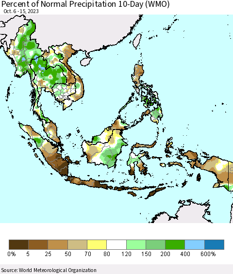 South East Asia Percent of Normal Precipitation 10-Day (WMO) Thematic Map For 10/6/2023 - 10/15/2023