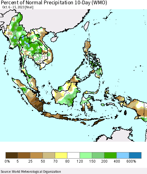 South East Asia Percent of Normal Precipitation 10-Day (WMO) Thematic Map For 10/6/2023 - 10/15/2023
