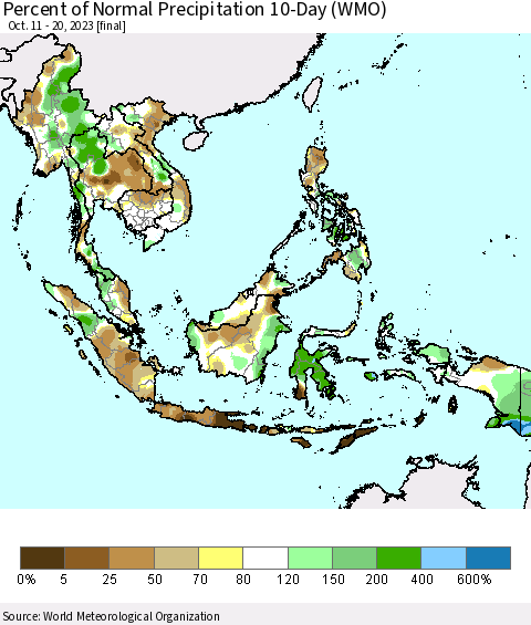 South East Asia Percent of Normal Precipitation 10-Day (WMO) Thematic Map For 10/11/2023 - 10/20/2023