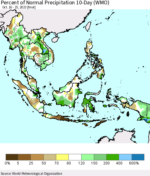 South East Asia Percent of Normal Precipitation 10-Day (WMO) Thematic Map For 10/16/2023 - 10/25/2023