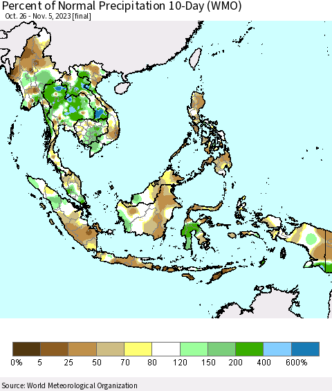 South East Asia Percent of Normal Precipitation 10-Day (WMO) Thematic Map For 10/26/2023 - 11/5/2023