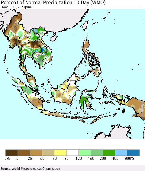 South East Asia Percent of Normal Precipitation 10-Day (WMO) Thematic Map For 11/1/2023 - 11/10/2023