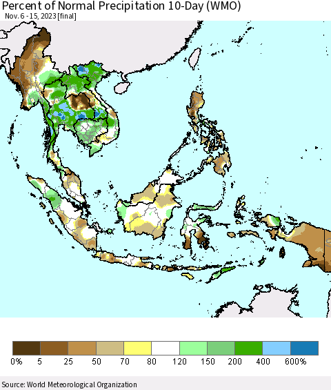 South East Asia Percent of Normal Precipitation 10-Day (WMO) Thematic Map For 11/6/2023 - 11/15/2023