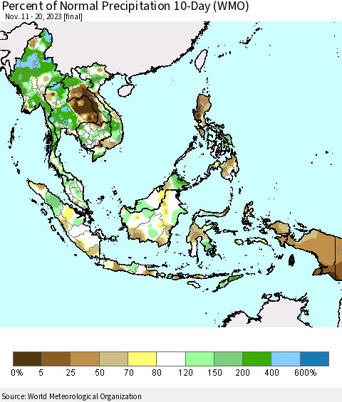 South East Asia Percent of Normal Precipitation 10-Day (WMO) Thematic Map For 11/11/2023 - 11/20/2023