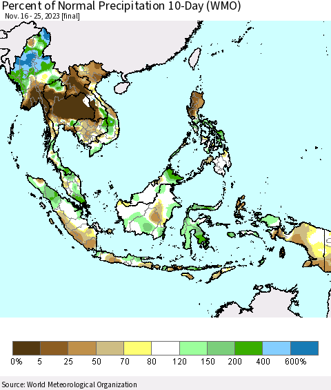 South East Asia Percent of Normal Precipitation 10-Day (WMO) Thematic Map For 11/16/2023 - 11/25/2023