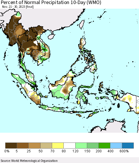 South East Asia Percent of Normal Precipitation 10-Day (WMO) Thematic Map For 11/21/2023 - 11/30/2023