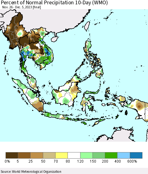 South East Asia Percent of Normal Precipitation 10-Day (WMO) Thematic Map For 11/26/2023 - 12/5/2023