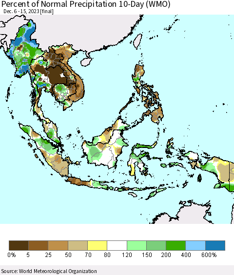 South East Asia Percent of Normal Precipitation 10-Day (WMO) Thematic Map For 12/6/2023 - 12/15/2023