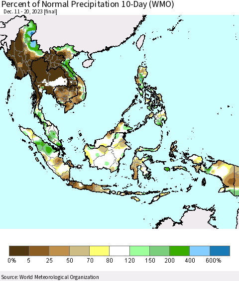 South East Asia Percent of Normal Precipitation 10-Day (WMO) Thematic Map For 12/11/2023 - 12/20/2023
