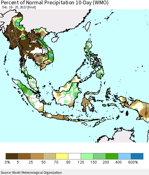 South East Asia Percent of Normal Precipitation 10-Day (WMO) Thematic Map For 12/16/2023 - 12/25/2023