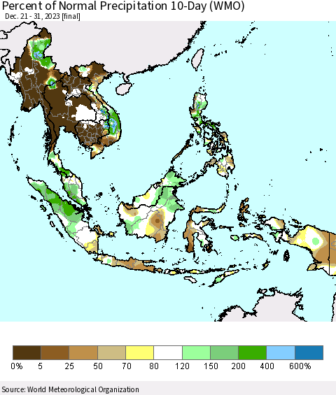 South East Asia Percent of Normal Precipitation 10-Day (WMO) Thematic Map For 12/21/2023 - 12/31/2023