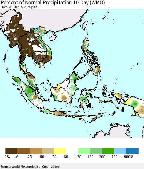 South East Asia Percent of Normal Precipitation 10-Day (WMO) Thematic Map For 12/26/2023 - 1/5/2024