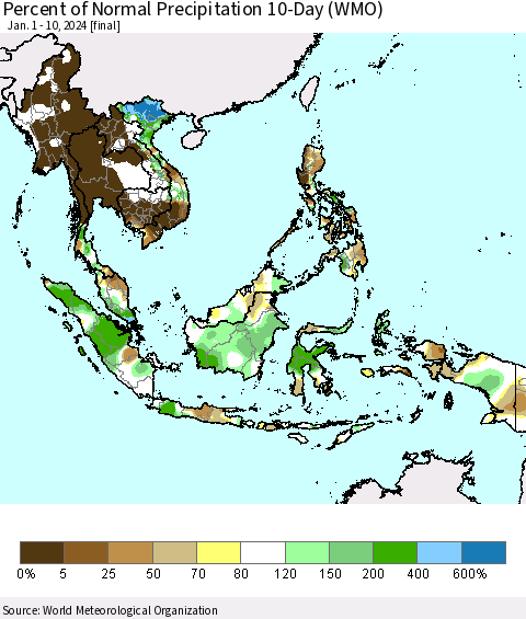 South East Asia Percent of Normal Precipitation 10-Day (WMO) Thematic Map For 1/1/2024 - 1/10/2024