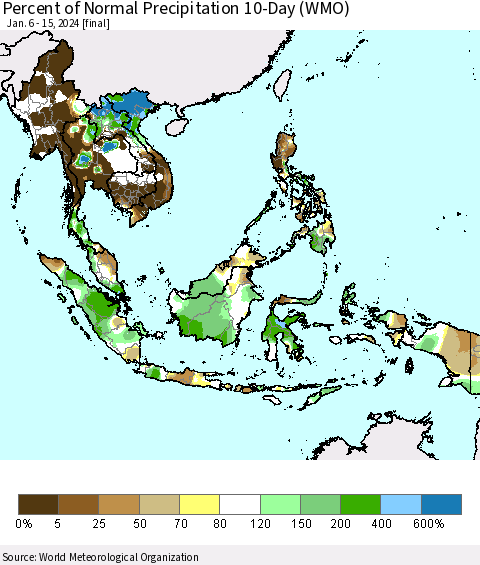 South East Asia Percent of Normal Precipitation 10-Day (WMO) Thematic Map For 1/6/2024 - 1/15/2024