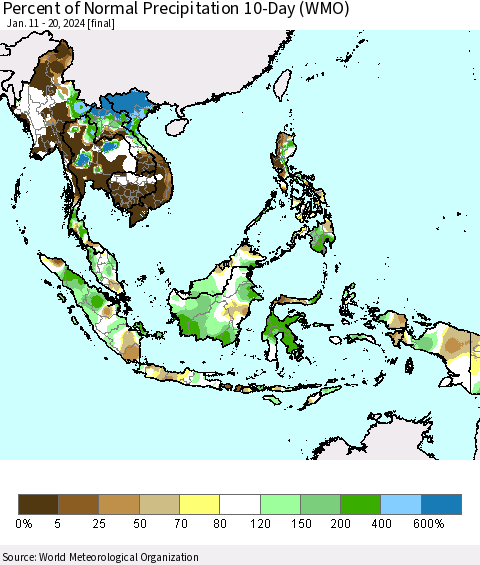 South East Asia Percent of Normal Precipitation 10-Day (WMO) Thematic Map For 1/11/2024 - 1/20/2024