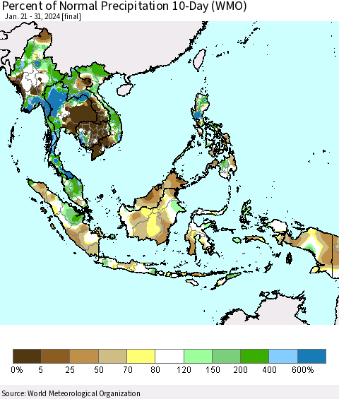 South East Asia Percent of Normal Precipitation 10-Day (WMO) Thematic Map For 1/21/2024 - 1/31/2024