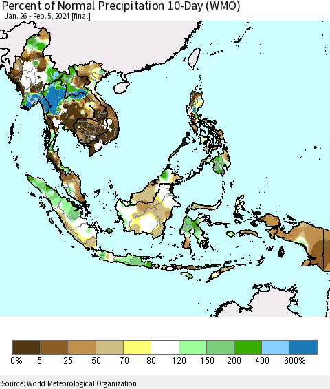 South East Asia Percent of Normal Precipitation 10-Day (WMO) Thematic Map For 1/26/2024 - 2/5/2024