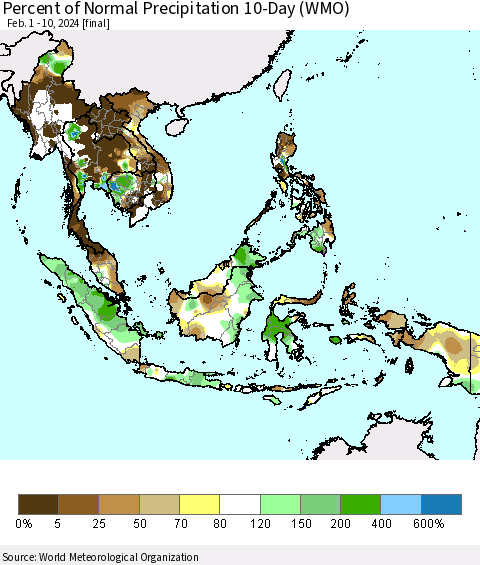 South East Asia Percent of Normal Precipitation 10-Day (WMO) Thematic Map For 2/1/2024 - 2/10/2024