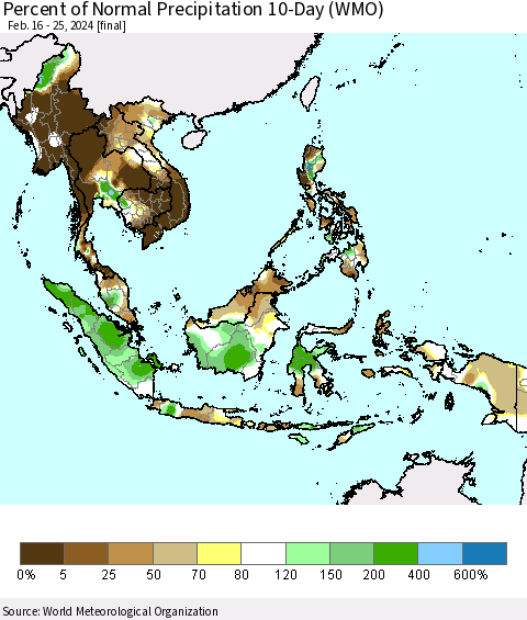 South East Asia Percent of Normal Precipitation 10-Day (WMO) Thematic Map For 2/16/2024 - 2/25/2024