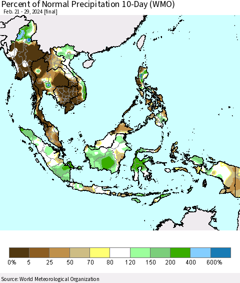 South East Asia Percent of Normal Precipitation 10-Day (WMO) Thematic Map For 2/21/2024 - 2/29/2024