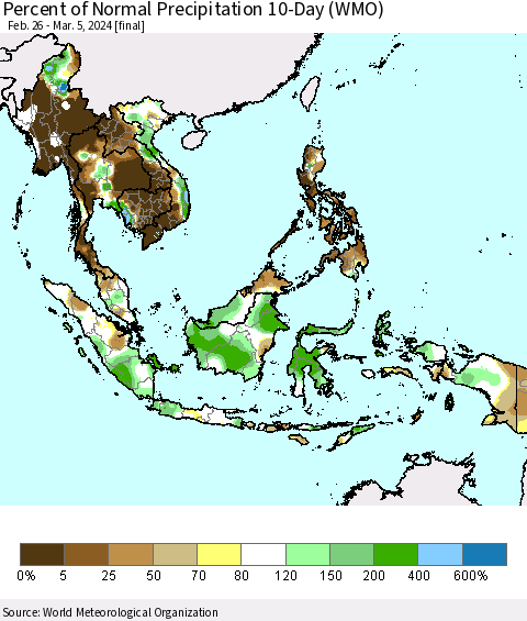 South East Asia Percent of Normal Precipitation 10-Day (WMO) Thematic Map For 2/26/2024 - 3/5/2024