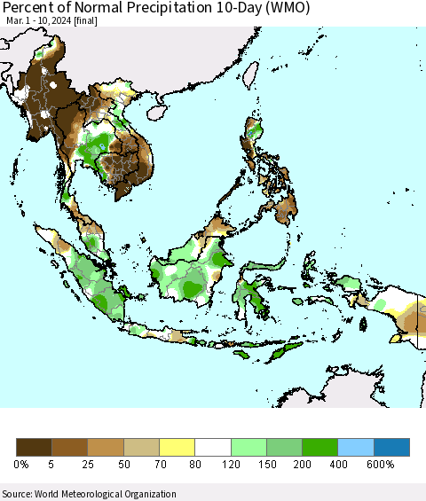 South East Asia Percent of Normal Precipitation 10-Day (WMO) Thematic Map For 3/1/2024 - 3/10/2024