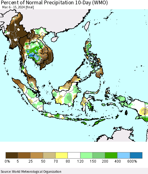 South East Asia Percent of Normal Precipitation 10-Day (WMO) Thematic Map For 3/6/2024 - 3/15/2024