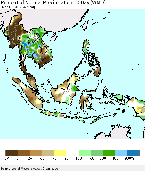 South East Asia Percent of Normal Precipitation 10-Day (WMO) Thematic Map For 3/11/2024 - 3/20/2024