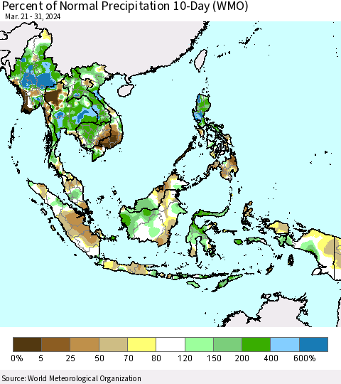 South East Asia Percent of Normal Precipitation 10-Day (WMO) Thematic Map For 3/21/2024 - 3/31/2024