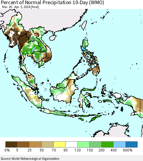 South East Asia Percent of Normal Precipitation 10-Day (WMO) Thematic Map For 3/26/2024 - 4/5/2024