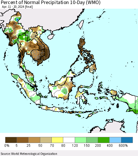 South East Asia Percent of Normal Precipitation 10-Day (WMO) Thematic Map For 4/11/2024 - 4/20/2024