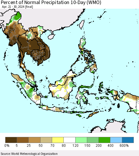 South East Asia Percent of Normal Precipitation 10-Day (WMO) Thematic Map For 4/21/2024 - 4/30/2024