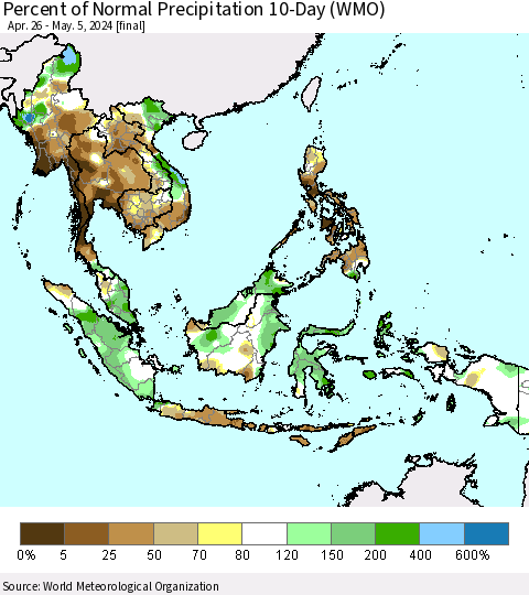 South East Asia Percent of Normal Precipitation 10-Day (WMO) Thematic Map For 4/26/2024 - 5/5/2024