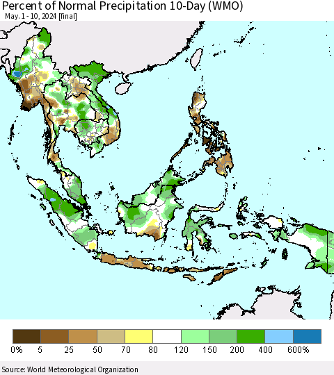 South East Asia Percent of Normal Precipitation 10-Day (WMO) Thematic Map For 5/1/2024 - 5/10/2024