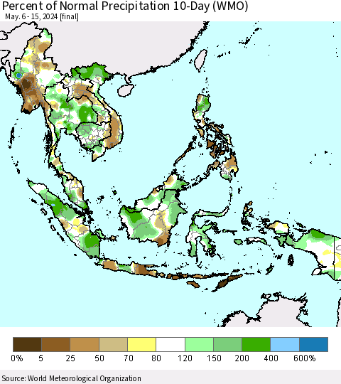 South East Asia Percent of Normal Precipitation 10-Day (WMO) Thematic Map For 5/6/2024 - 5/15/2024