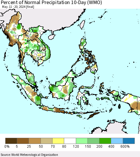 South East Asia Percent of Normal Precipitation 10-Day (WMO) Thematic Map For 5/11/2024 - 5/20/2024