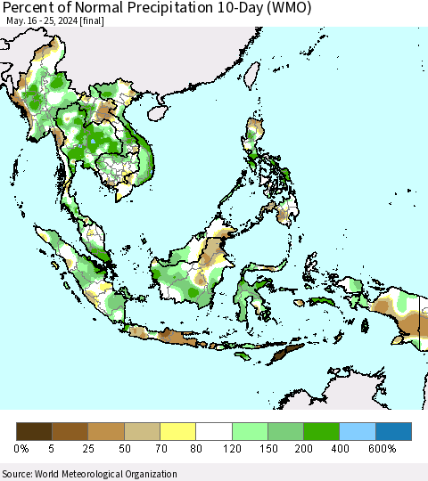 South East Asia Percent of Normal Precipitation 10-Day (WMO) Thematic Map For 5/16/2024 - 5/25/2024