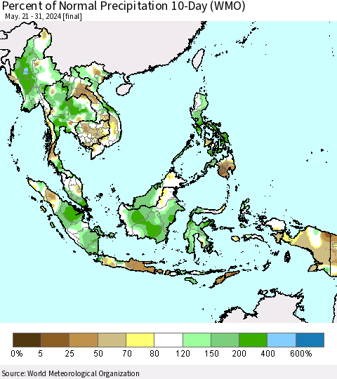 South East Asia Percent of Normal Precipitation 10-Day (WMO) Thematic Map For 5/21/2024 - 5/31/2024